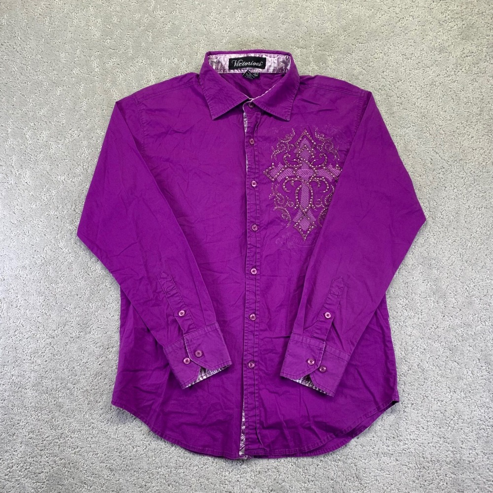 Victorious Shirt Womens Sz M Purple Long Sleeve Embellished Cross‎ Button Up Y2k